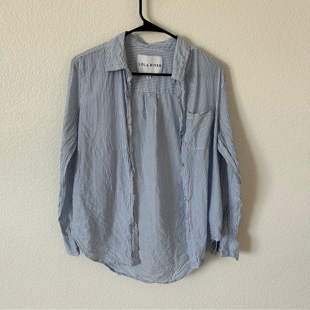 Blue and White Striped Button Down Collard, Academia, Casual, Semi Casual Shirt